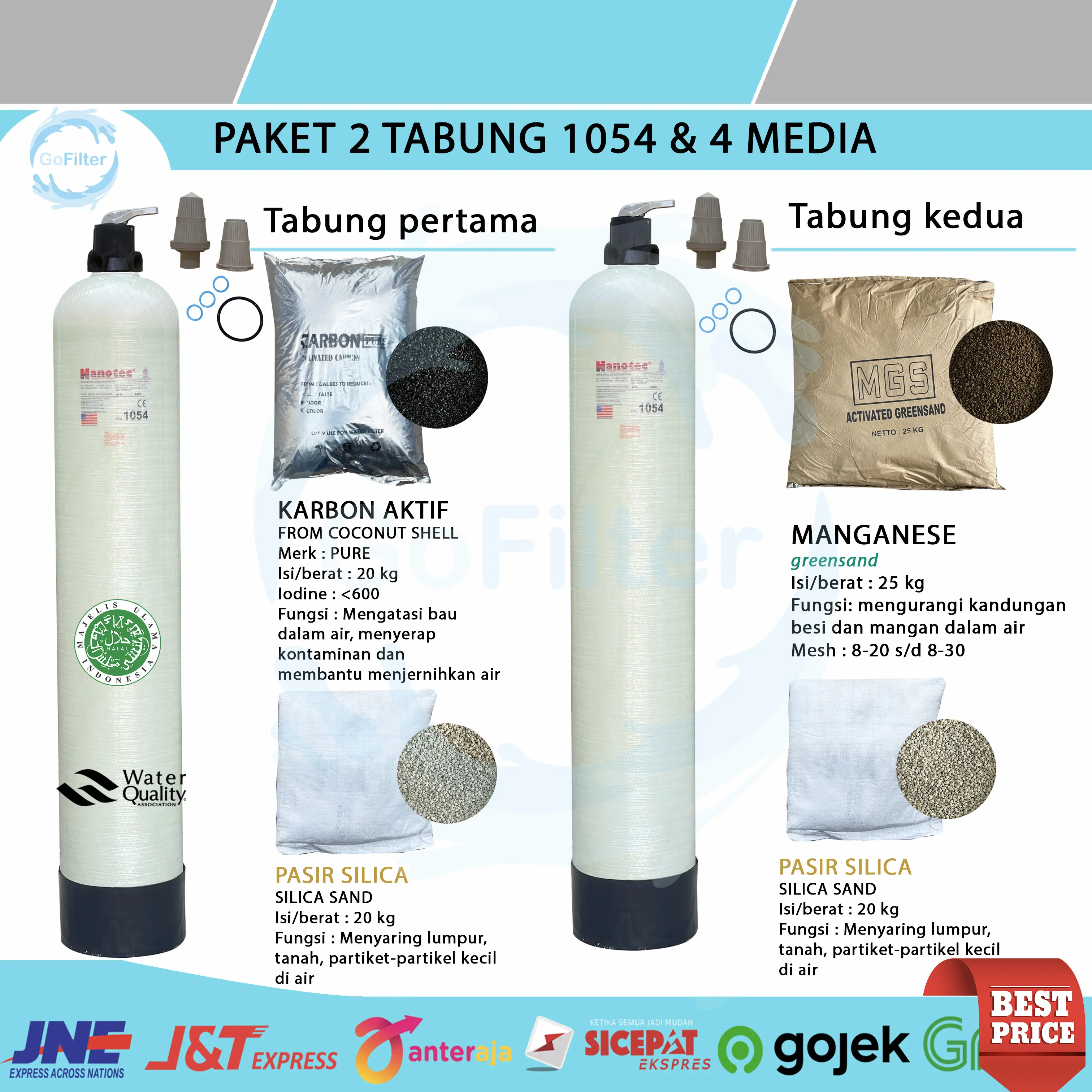 PAKET 2 TABUNG MEDIA FILTER AIR 1054 1354 SIAP PAKAI 2 SAK PASIR SILIKA 20 KG + MANGANESE GREENSAND 25 KG + KARBON AKTIF PURE 20 KG FILTER MENJERNIHKAN AIR KOTOR BAU KERUH BUTEK LUMPUR PASIR