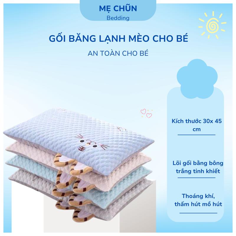 Gối trẻ em, gối cho bé băng lạnh thuê hình Mèo Cute, mềm mịn, thoáng mát, thấm hút mồ hôi