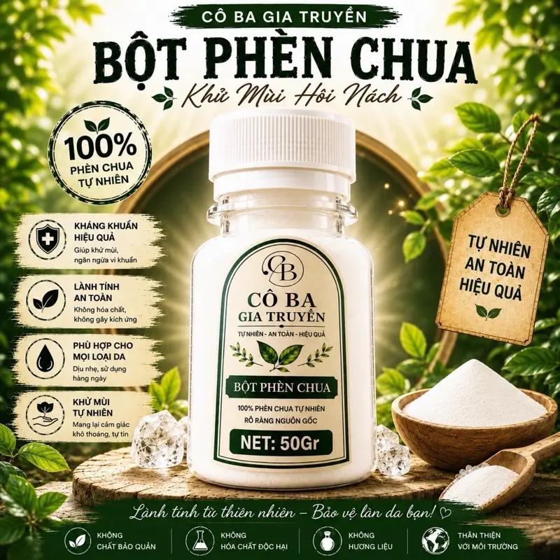 Bột Phèn Chua Cô Ba Gia Truyền Chai 50Gr - Phèn Chua Tự Nhiên - Khử Mùi Hôi, Làm Sạch Tự Nhiên, An Toàn & Lành Tính