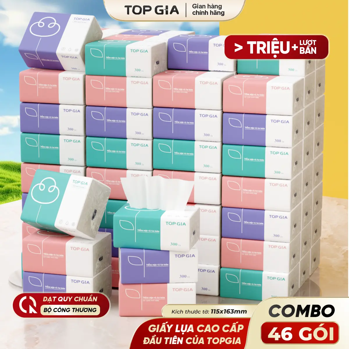 (FLS - TRỢ GIÁ) COMBO 46 GÓI GIẤY ĂN 3 MÀU TOPGIA  300 TỜ 4 LỚP Chính Hãng - Khăn Giấy Tiện Lợi 4 Lớp - Giấy Rút Cao Cấp Đạt Chuẩn Bộ Công Thương Top Gia, khăn giấy khăn ăn, giấy vệ sinh tiện lợi VTG38