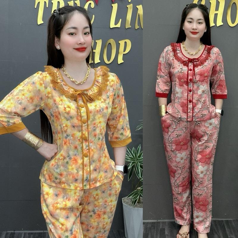  ĐỒ BỘ,BỘ CỔ REN TIỂU THƯ VẢI LỤA MANGO 8D ,TAY LỠ QUẦN DÀI SIZE 45-75 KG.Lụa Nữ Women 