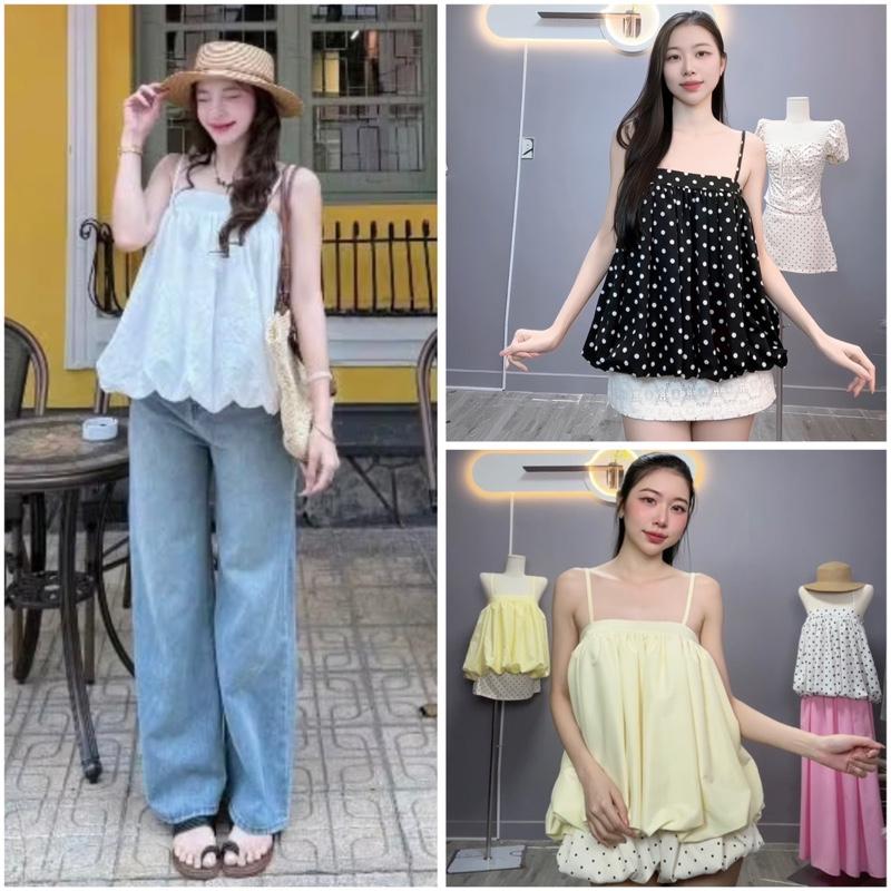 A566  Áo Bí Hai Dây Dáng Babydoll Nhiều Màu Chất Gió Nhăn Có Tăng Đơ Cho Nữ
