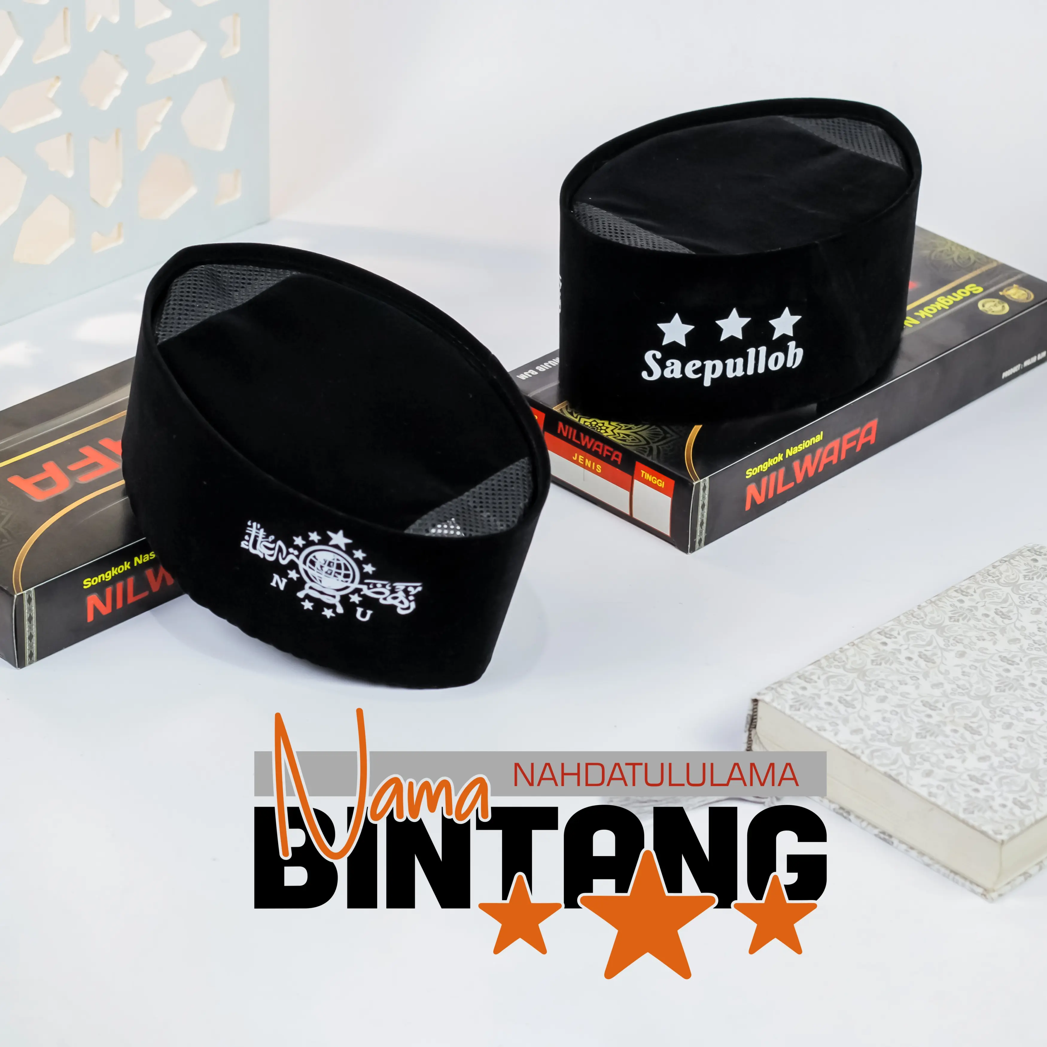 PECI NU NAMA BINTANG - Peci Songkok Kopiah Hitam Logo NU NAMA Peci Hitam Gratis Nama Anak Laki Laki Tinggi 9 cm Dewasa Muslim
