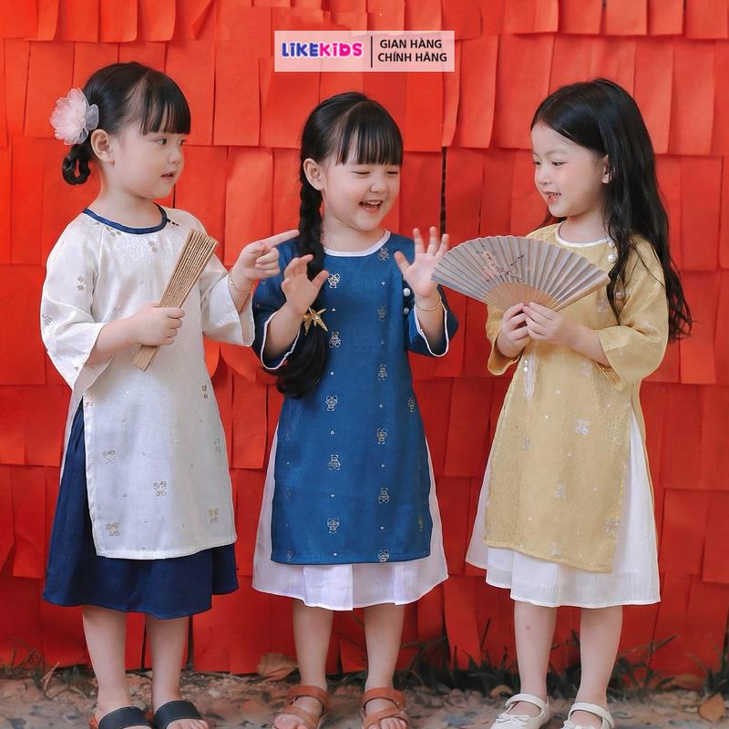  Bộ ÁO DÀI và chân váy lụa vân gỗ cho bé gái  LikeKids MH37 D43 