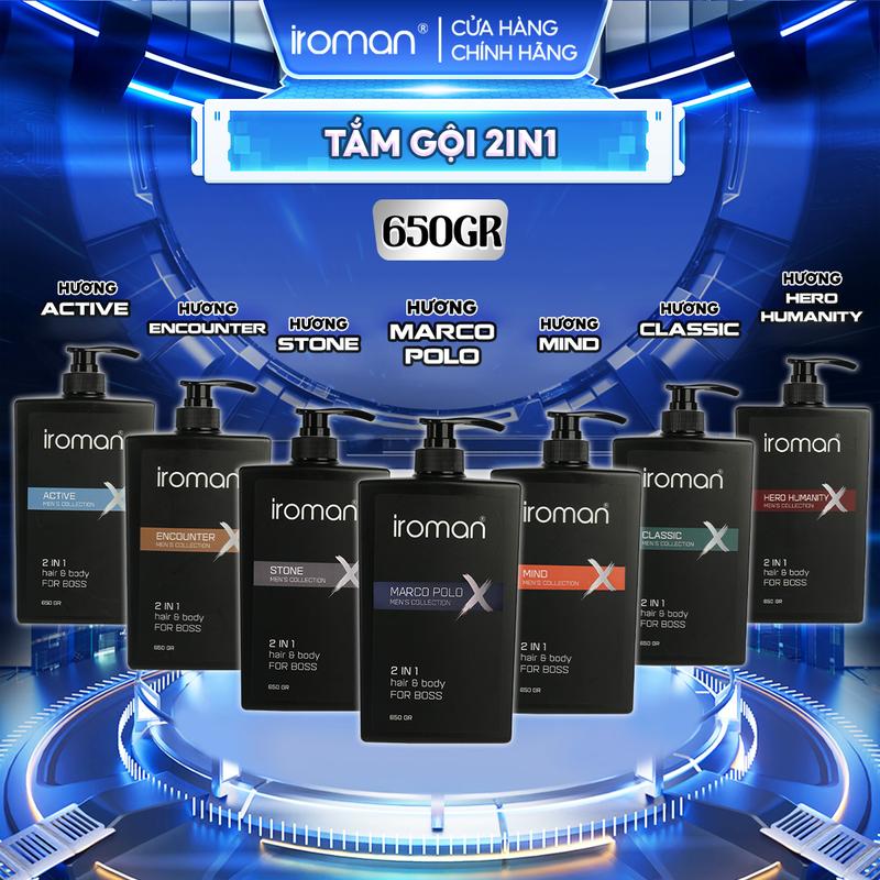 Tắm Gội 2in1 IROMAN 650G Hương Nước Hoa Pháp Cao Cấp Ngăn Ngừa Gàu Kiểm Soát Dầu Nhờn Sạch Sâu Da Đầu Dành Cho Nam Giới