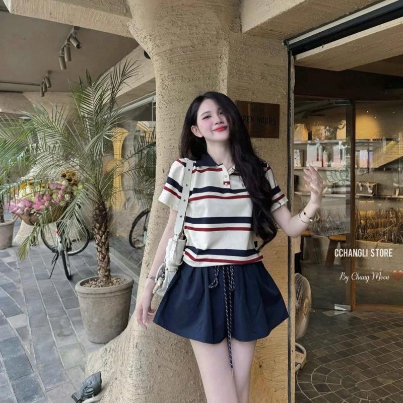 Bèo Béo Bigsize Set Áo Polo Kẻ Xanh Đỏ Phối Chân Váy Xoè Bồng Form Bigsize 60-90Kg