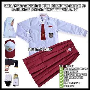 setelan seragam merah putih sekolah SD anak perempuan baju putih lengan panjang rok merah panjang pakaian seragam sekolah SD kelas 1-6