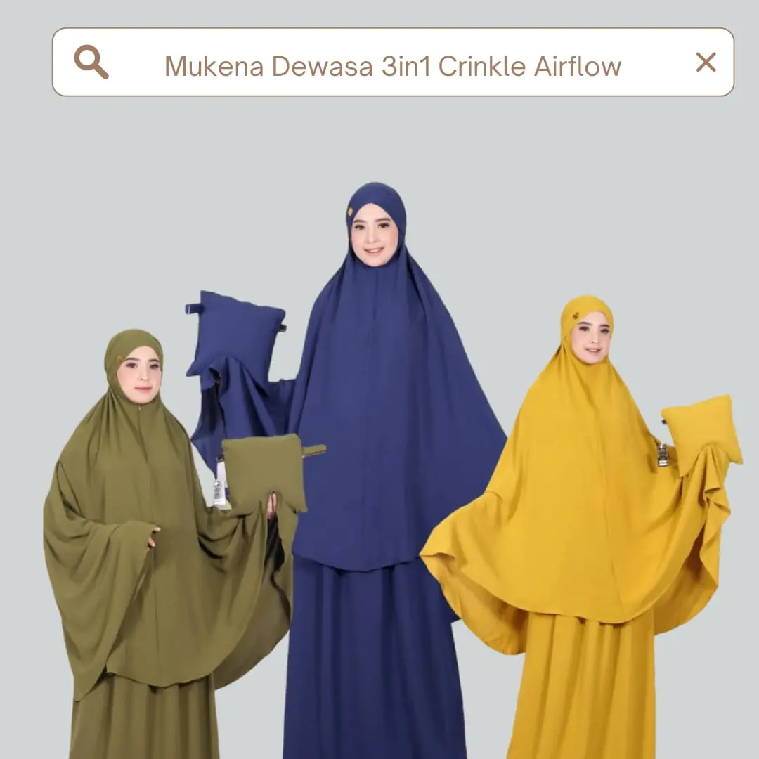 Mukena Dewasa Crinkle airflow Premium kain lembut nyaman mewah Mukena Travel Atasan Bawahan Panjang