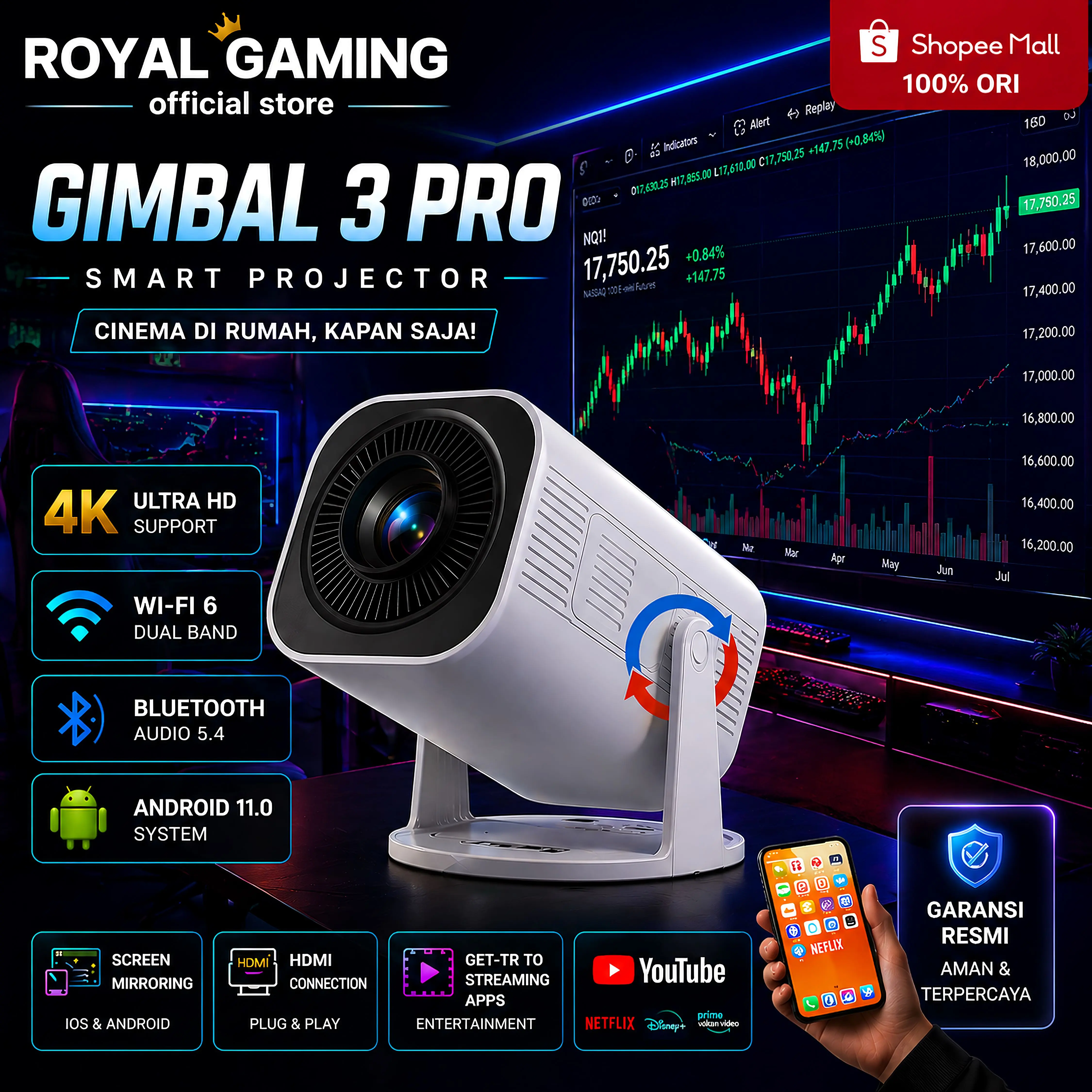 Gimbal 3 Pro [ROYALGAMING] Smart Proyektor LCD Android 11 -720P -Auto Keystone -Netflix - YouTube - 220 ANSI