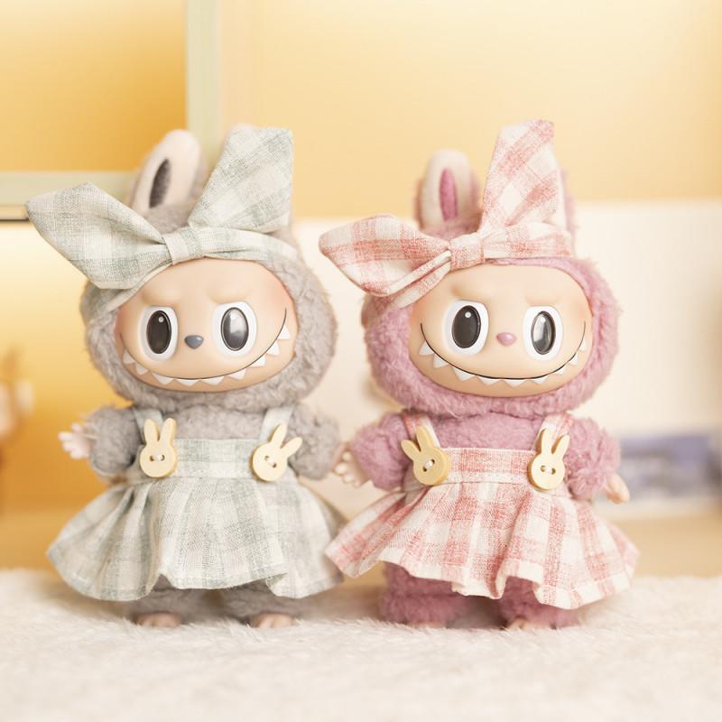 17CM POP - MART LABUBU MACARON Labubu BONEKA BAJUNYA pakaian boneka Gaun Kotak-kotak labubu Muda baju boneka khusus boneka seragam tk kostum rajut tweed pakaian boneka 1