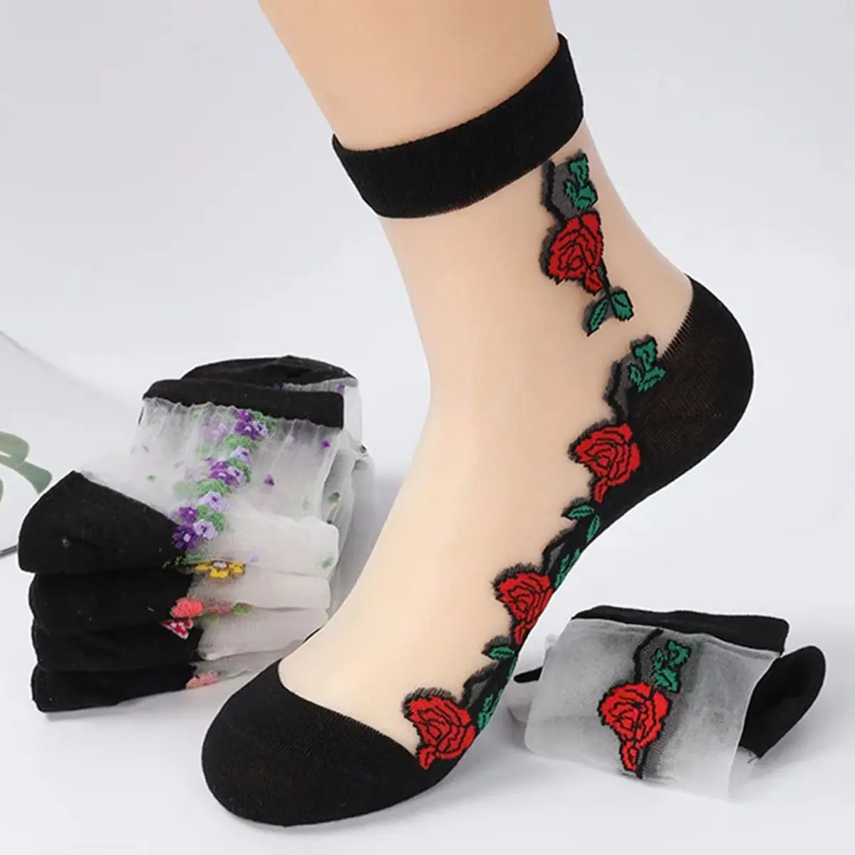 Tất Băng Cotton Pha Lê Cho Nữ, 5 Đôi, Tất Thủy Tinh Mỏng Ngắn Mùa Hè,Thoải Mái, Tất Thêu Hoa, Phong Cách Cổ Điển