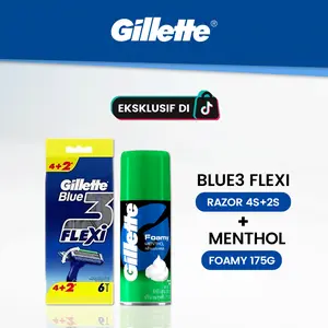 Gillette Alat Pencukur Blue 3 Flexi Razor Pisau Cukur isi 4 Gratis 2 dan Gillette Shaving Foam Cream Menthol 175gr