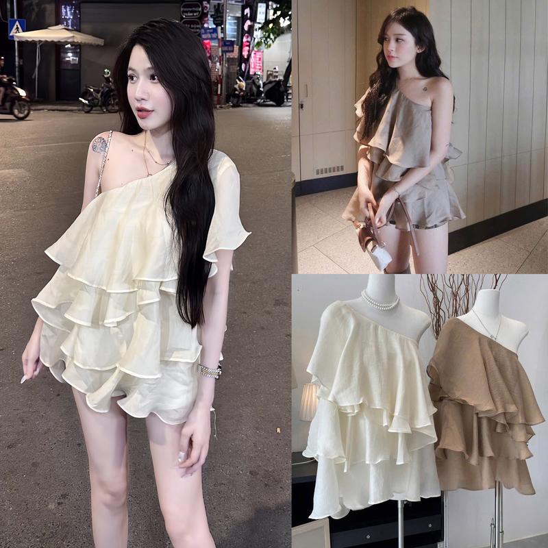 Áo Lệch Vai Bèo Sóng Tơ Nhũ Màu Kem Nâu Xinh Xắn Áo Kiểu Nữ Top Women