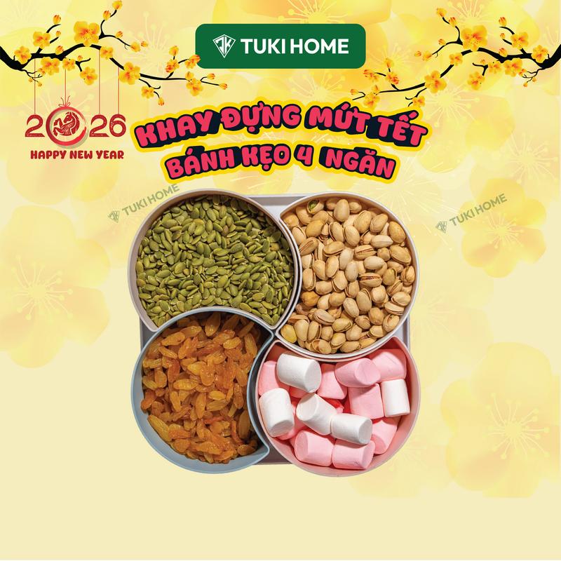 Khay đựng bánh kẹo mứt tết hình vuông 1 tầng có nắp đậy 4 ngăn để phòng khách sang trọng