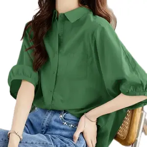 Thania Blouse Cantik Elegan Linen Rami Premium Kancing Wanita Atasan Baju Casual Katun Top Hijau Tua dengan Desain Saku