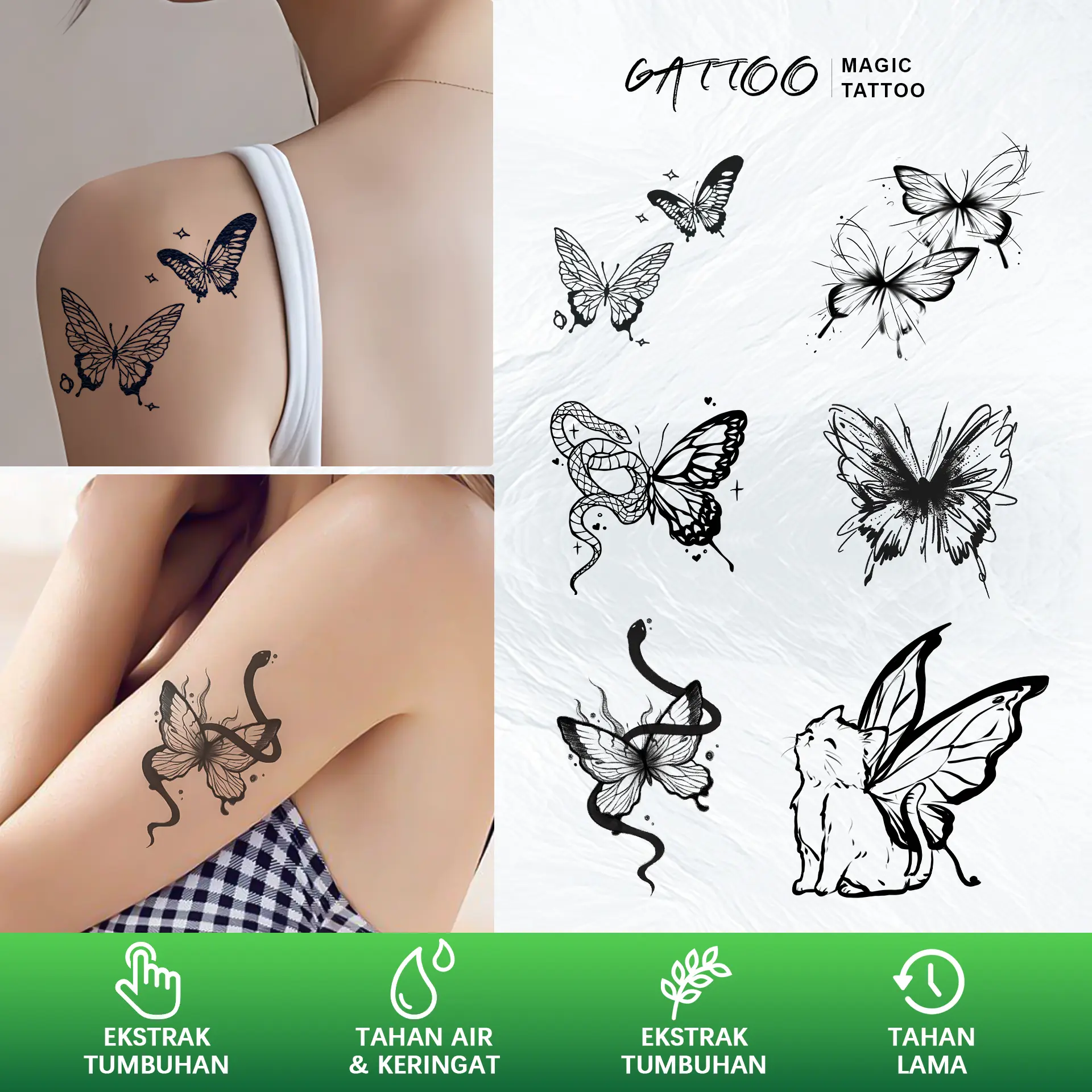 GATTOO  S*02Stiker Tato Temporary Semi Permanen【Kombinasi kupu-kupu】Tahan lama Tattoo menempel dekorasi seni untuk pria dan wanita
