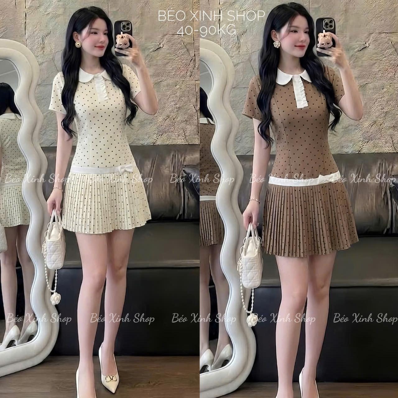 Váy Dự Tiệc Nữ Tiểu Thư Cổ Bèo Phối Nơ Vải Cotton Chấm Bi Cao Cấp Thanh Lịch Cho Các Nàng Bigsize 40–90kg Thời Trang Nữ Béo Xinh Shop - A.1755
