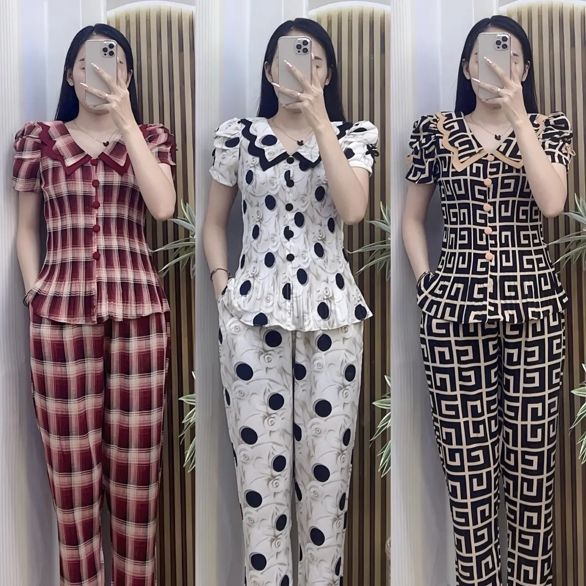 [Quần dài] Set bộ dập ly cổ sơmi lượn sóng 2 tầng chất mango mêm nhẹ mát ko nhăn Nhung Kem Áo dobo tay ngan Voi Sen lụa size nữ Women do boxinh xinh❤️