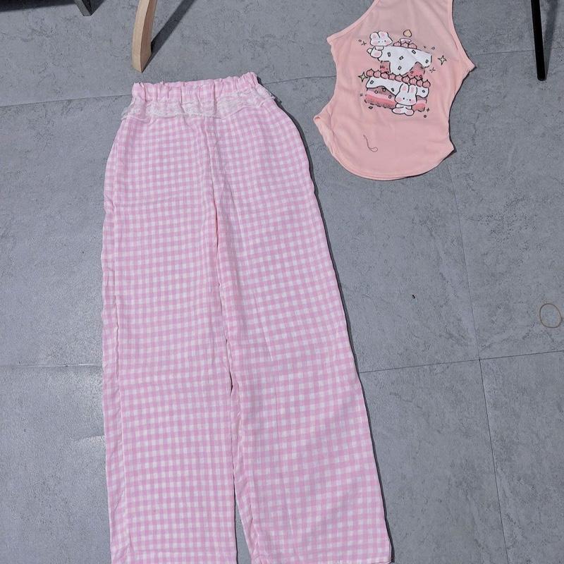 Set áo yếm hồng mix quần caro cạp ren siêu xinh 4