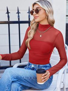 Top Sexy de Malla con Parches para Mujer, Cuello Redondo, Manga Larga, Cuello Medio Alto, Camisa de Base Ajustada y Versátil, a la Moda