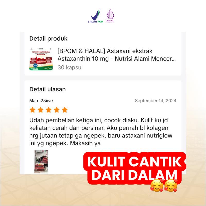 Suplemen Kecantikan Astaxani Nutraglow - Natural Astaxanthin 10 mg - Nutrisi Alami Mencerahkan Memudarkan Flek Hitam Mencegah Penuaan Dini Pada Kulit [BPOM & HALAL] 6