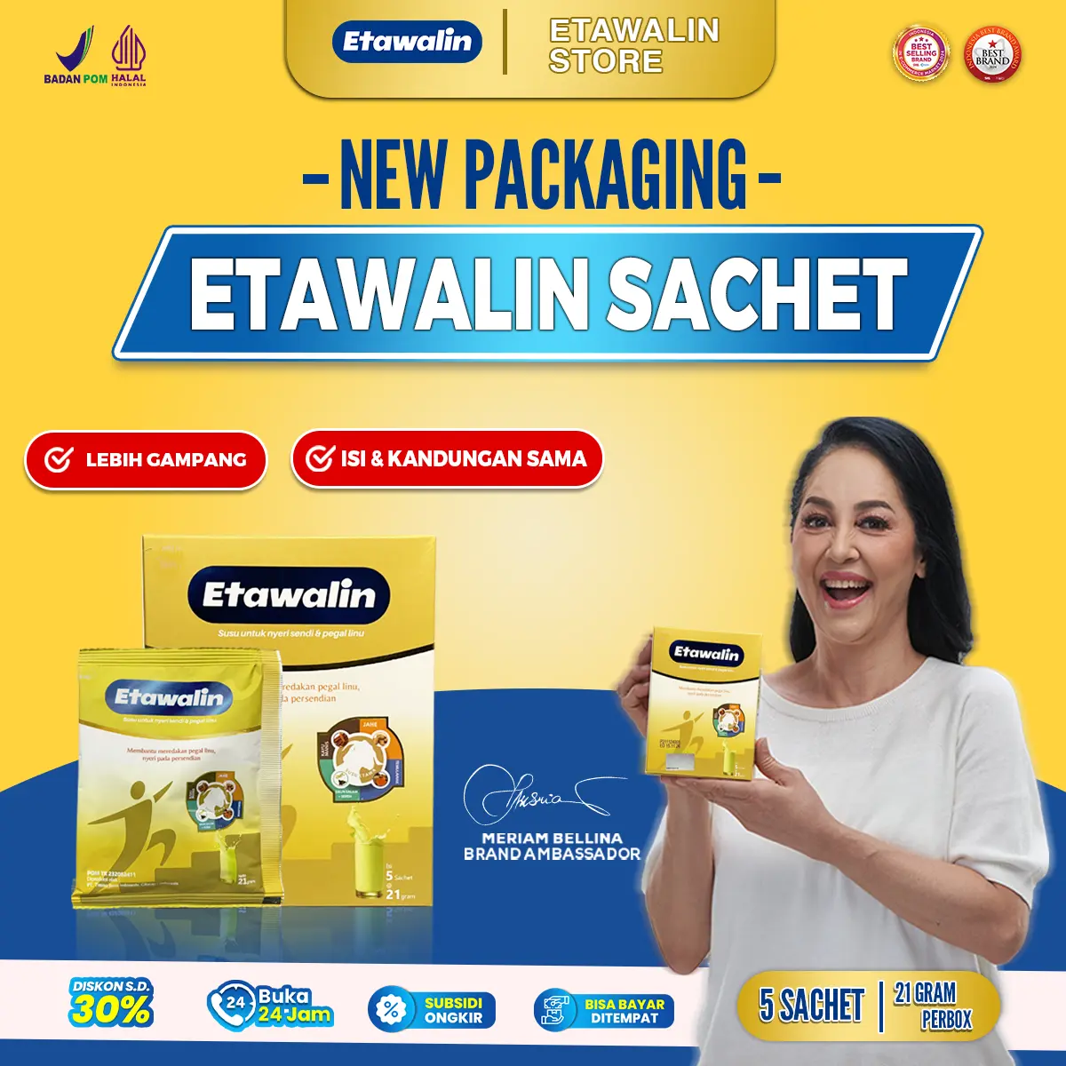 ETAWALIN ISI 5 Sachet II KEMASAN PRAKTIS II  BANTU MASALAH ASAM URAT | 21 GRAM PER SACHET I ORIGINAL [BPOM] | BISA COD  [minuman berkhasiat yang terbuat dari susu kambing etawa dipadukan dengan Rempah pilihan, rendah lemak, tinggi kalsium]