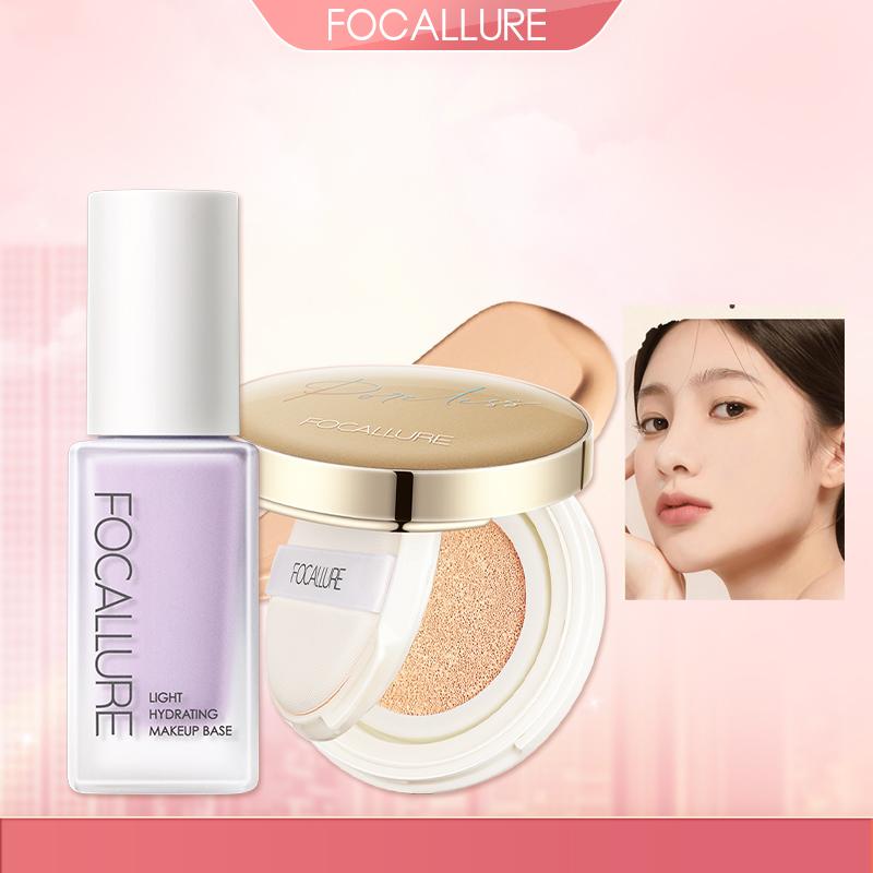FOCALLURE Combo 2 Món Kem Lót Hỗ Trợ Làm Đều Màu Da + Phấn Nước Cushion Hỗ Trợ Che Phủ Lỗ Chân Lông Phù Hợp Cho Mọi Loại Da