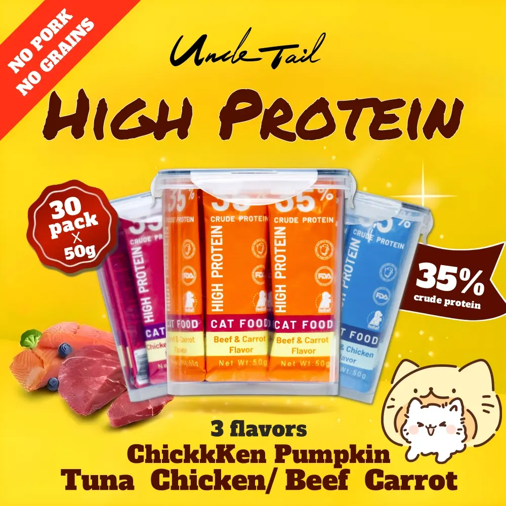 Cat wet food (35% super protective protein), UNCLE TAIL 5Ogr staple cat snack sticks, beef, chicken and tuna, sold directly by the brand, at a discounted price