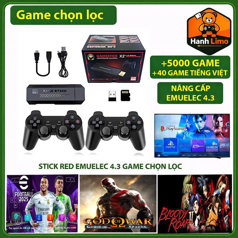 Máy Chơi Game Stick Red 4.3 128GB – 5000 Game Chọn Lọc, 2 Tay Cầm Không Dây, Bản Nâng Cấp EmuELEC 4.3, HDMI Full HD