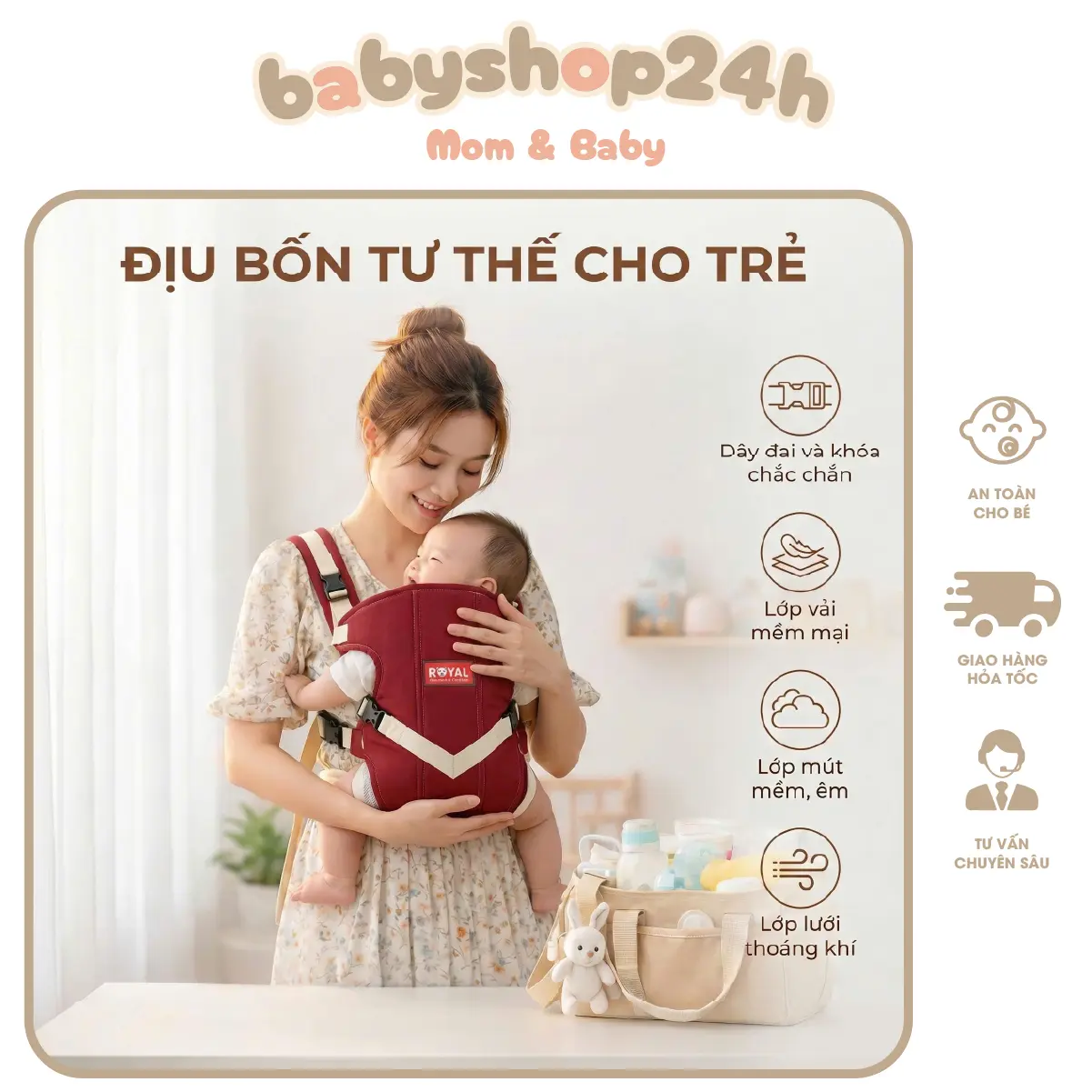 Địu 4 Tư Thế Chất Liệu Vải Kaki Mềm Dành Cho Bé Từ Sơ Sinh Đến 10Kg