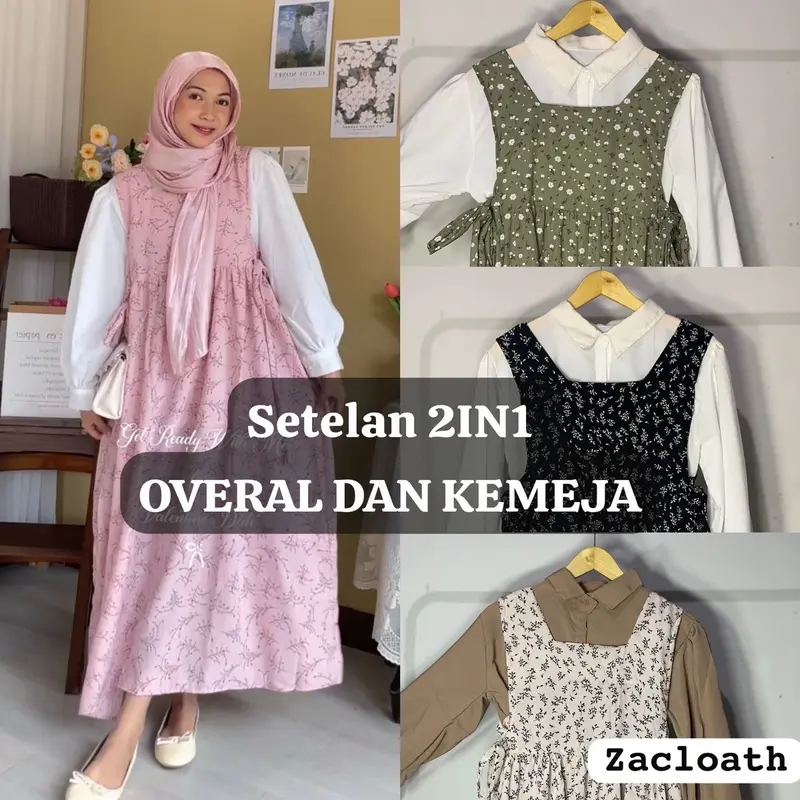SETALAN OVERAL DRESS MOTIF FLORAL/SET 2IN1 OVERAL DRES/HIMARI MIDI DRES SATU SET/SETELAN DRES DAN KEMEJA LENGAN BALON Panjang Cantik Wanita Casual Nyaman 1
