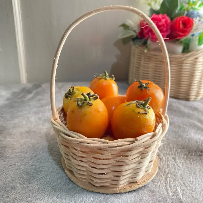 Promo!! Keranjang Rotan Mini Bertangkai diameter 11cm Bawah Beralas Papan