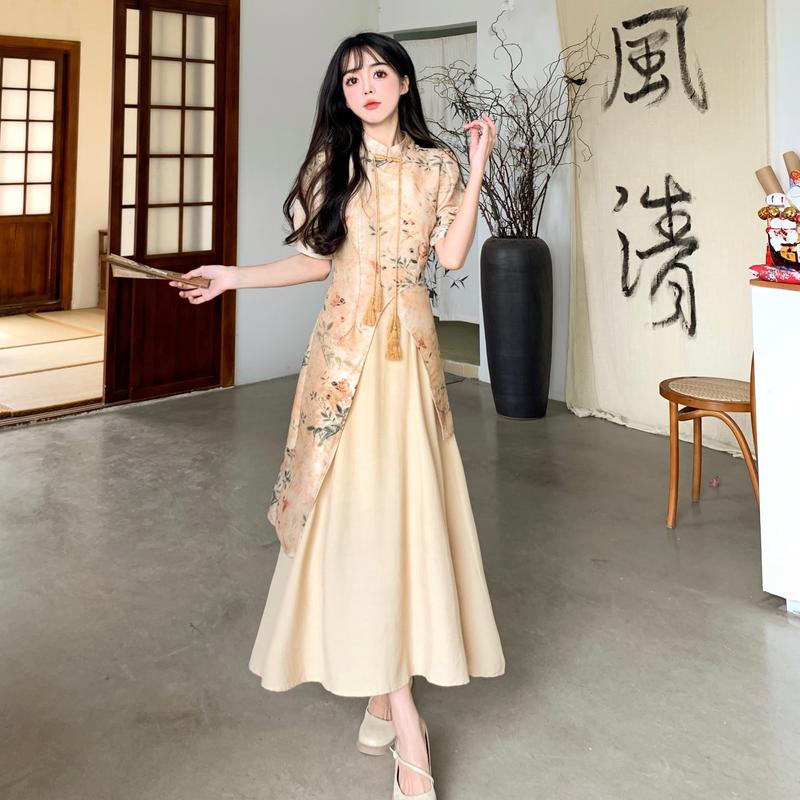 Product Introduction of Đầm dài Xường Xám 2024 Cho Phụ Nữ tay ngắn A-Line Thanh Lịch Truyền Thống Quần Áo Cho Đền hàng ngày đơn giản Những Dịp đồng phục học sinh Áo dạ tiệc dài Căng Ra Women Dress Kim Tuyến 3