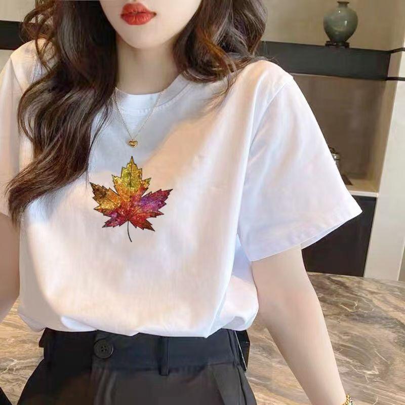 Product Introduction of Western style short sleeved printed summer new white shoulder half sleeved casual style sports top loose and versatile slimming T-shirt 20
