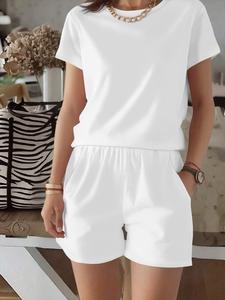 Conjunto casual de verano para mujer, tejido de poliéster cómodo, camiseta y shorts de seda de leche, perfecto para vacaciones y uso diario