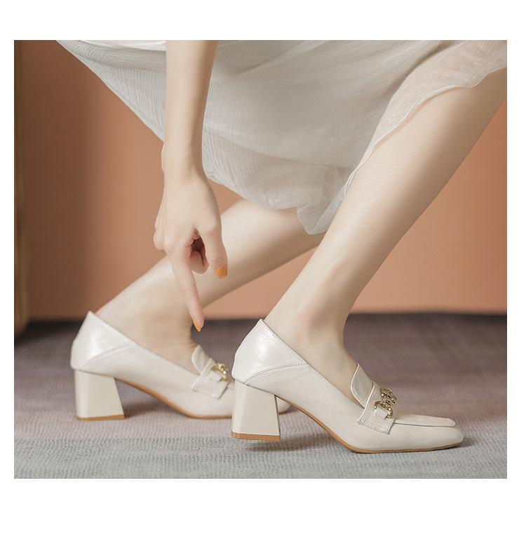 Product Introduction of Lefu shoes, white leather shoes, fashionable design, new high heels, square toe, thick heel shoes 16