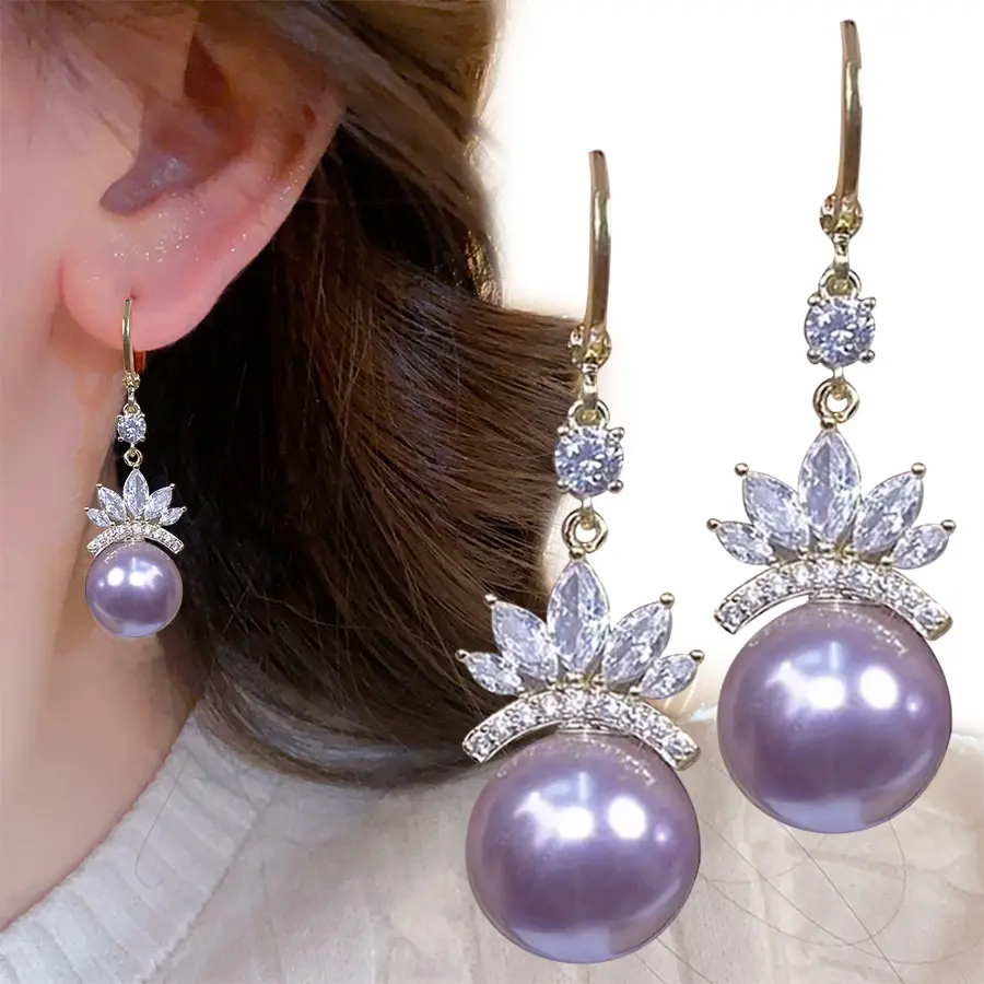 Super Sparkling Crown Purple Pearl Female Minimally Advanced Ear Buckle with Light Luxury Charm Earrings