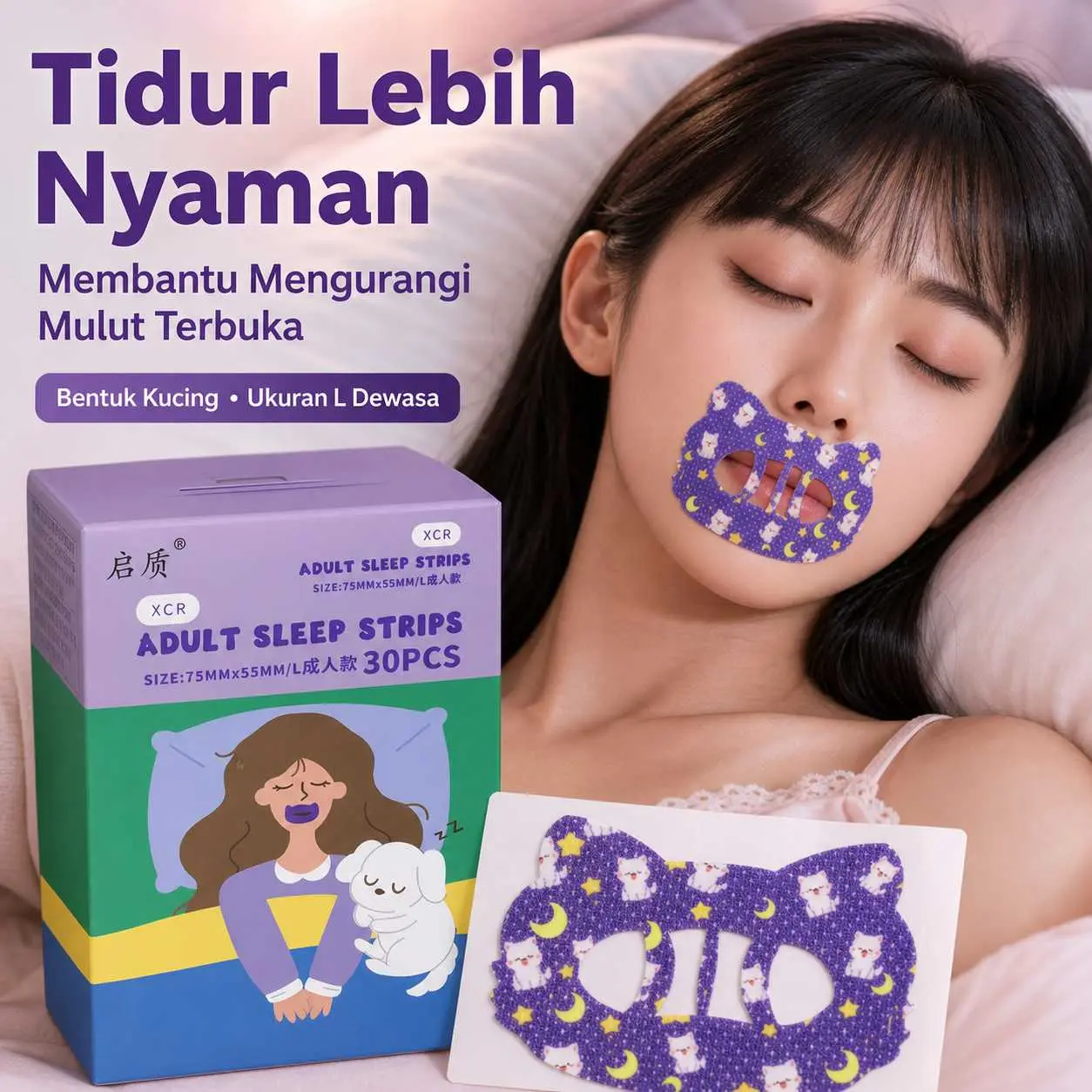 Sleep Strips Dewasa Bentuk Kucing Kain Nonwoven Bernapas Perekat Ramah Kulit Anti Ngorok Membantu Tutup Mulut Saat Tidur Lubang Ventilasi Tengah 30pcs Per Kotak.cod