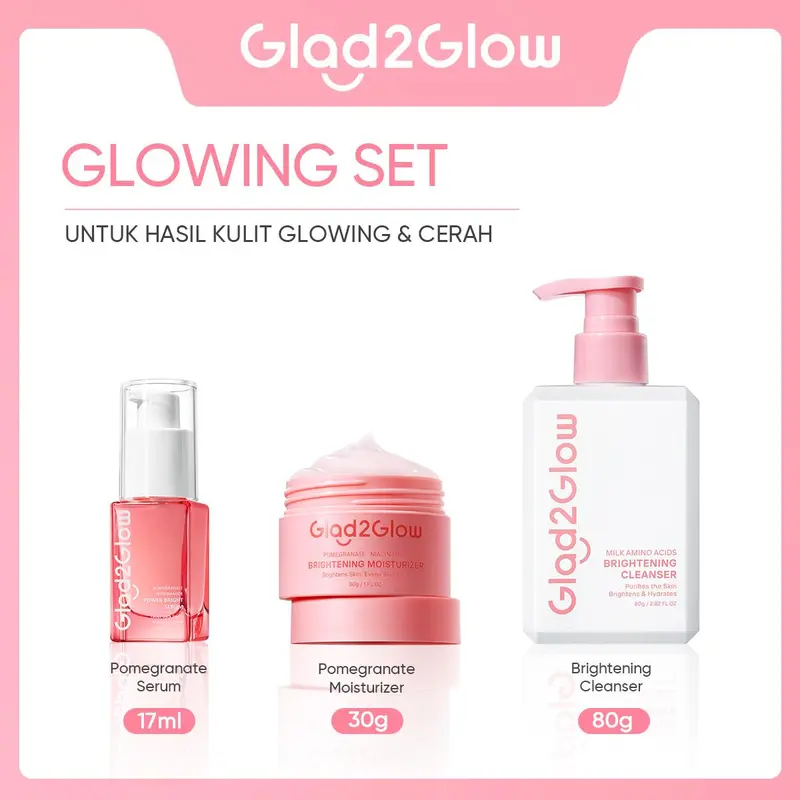 [New] Glad2Glow Glowing bundle all in 1 - 2/3/4/5 PCS Skincare Paket-Brightening toner+Brightening Moisturizer+Cleanser+Brightening Serum Pomegranate Niacinamide Extract Hitam Mencerahkan Wajah Mencerahkan Melembabkan Kulit skin skincare G2G 4