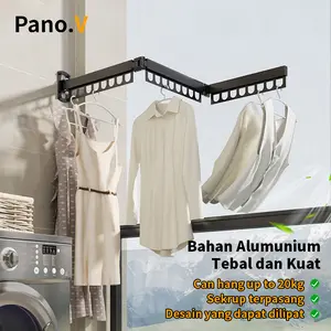 Pano.V  HITAM Jemuran Dinding Tarik Lipat Panjang Adjustable Gantungan Baju Selimut Kuat Aluminium Black Steel - 3 LIPAT,