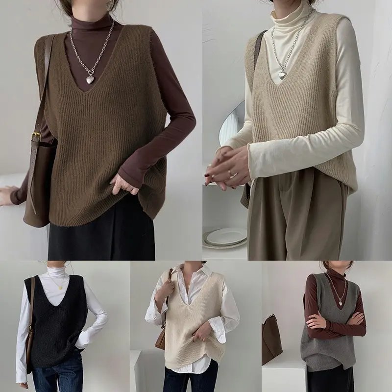 Women's knitted vest vest with loose base V-neck solid color layered vest