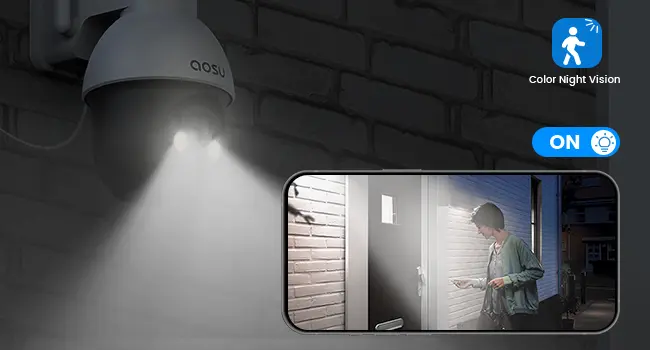 Product Introduction of AOSU Solar Security Camera Wireless Outdoor with Panoramic PTZ, Human Auto Tracking, 2K Night Vision, Light and Sound Alarm, 2-Way Audio, Compatible with Alexa/Google Assistant for Home Surveillance 18