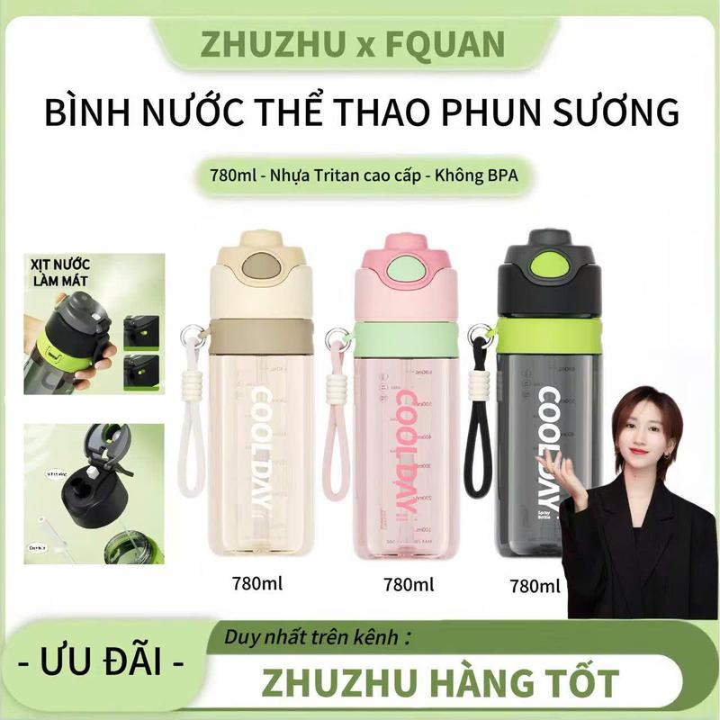   ZHUZHU X FQUAN  Bình nước thể thao phun sương 780ml bằng nhựa Tritan cao cấp an toàn không BPA kèm ống hút chống rò rỉ tiện lợi bình nước tập Gym Chạy Bộ Sport 