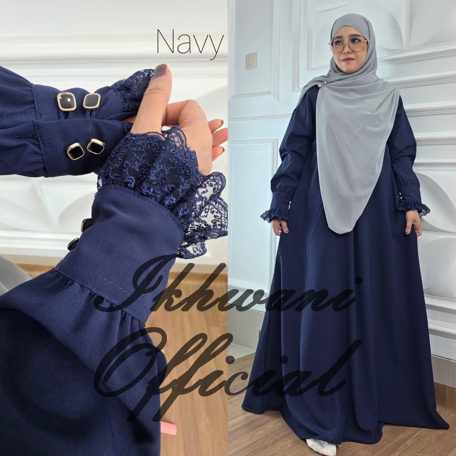 Abaya YASMIN NUA Ikhwani tangan kancing variasi renda Abaya umroh haji muslimah syar'i