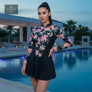 AR Swimswear Baju Renang Wanita Diving Rok Dewasa Tangan Panjang Motif Bunga Spandeks LYCRA Nyaman & Elegan Dilengkapi Cup BH Muslim