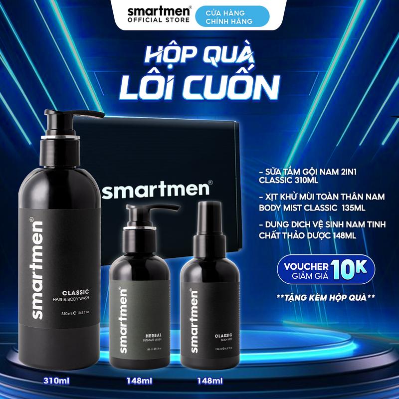 Combo Hộp Quà Lôi Cuốn Smartmen - Sữa Tắm Gội Nam 2in1 310ml + Xịt Thơm Toàn Thân Body Mist Nam 135ml + Dung Dịch Vệ Sinh Nam Thảo Dược 148ml