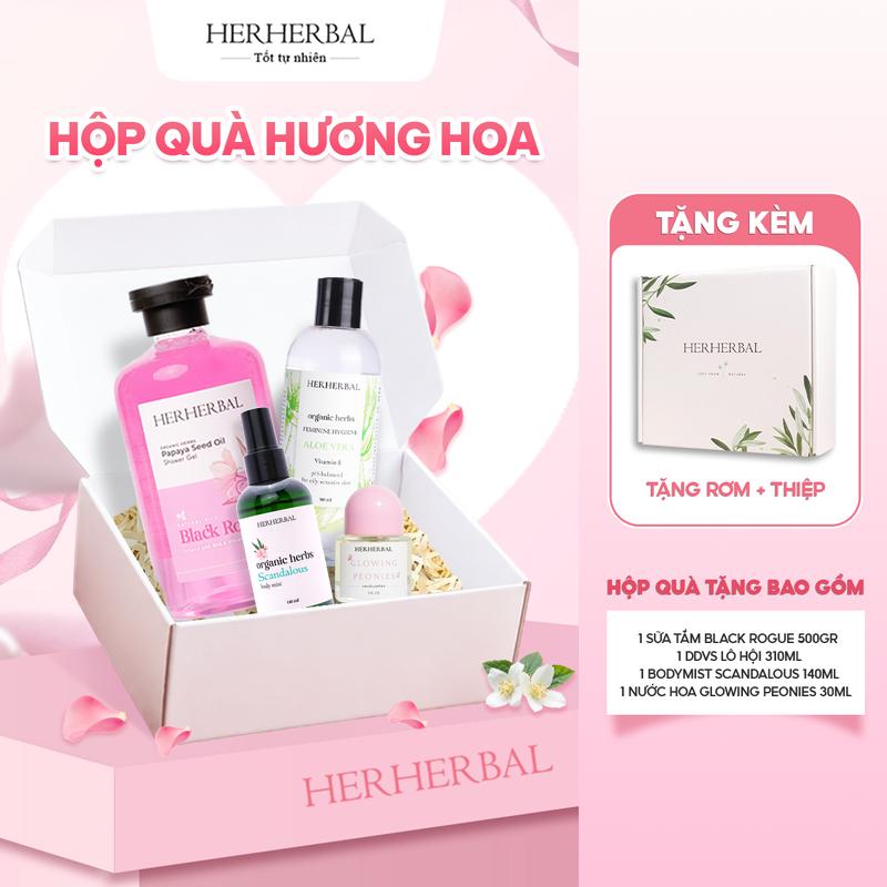 [Hộp Quà 20/10] Tỏa Hương Herherbal - Tẩy tế Bào Chết 250g + Sữa tắm nước hoa 500ml + Bodymist 140ml + Nước Hoa Nữ 30ml Tặng Mẹ, Tặng Bạn Gái ,Tặng Người Yêu