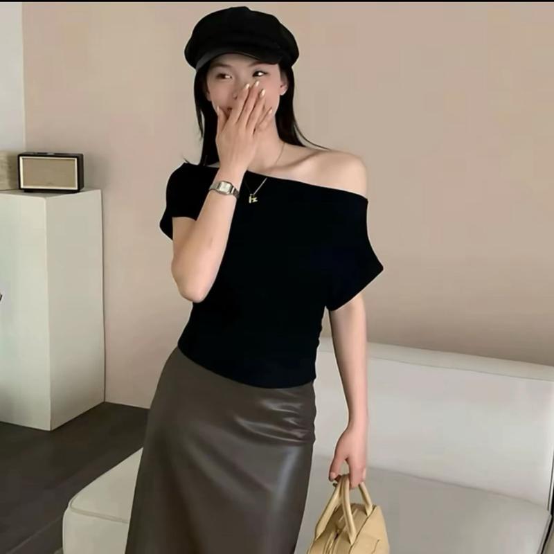  A52m Áo Thun Kiểu Cổ Trễ Vai 1 bên Dáng Tay Ngắn Ôm Body Tôn Dáng Phong Cách Mới Chất Thun XỊn size dưới 53kg 