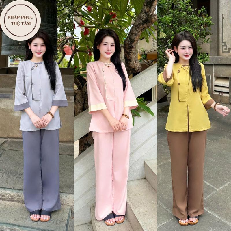 Đồ lam đi chùa cho nũ chất liệu đũi Đài Loan, Pháp phục cách tân cổ tròn tay lỡ phối viền, bốn màu siêu xinh