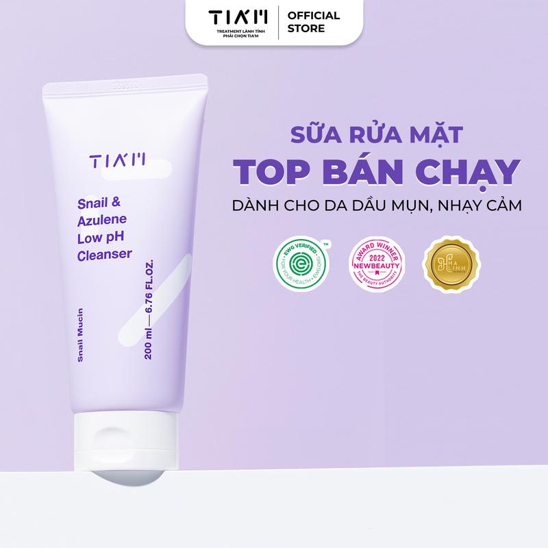 Hứa Ngân x TIAM - Sữa Rửa Mặt Tinh Chất Dịch Lọc Ốc Sên Làm Dịu Và Hỗ Trợ Phục Hồi Dành Cho Da Dầu Mụn Nhạy Cảm TIA’M Snail & Azulene Low pH Cleanser 200ml